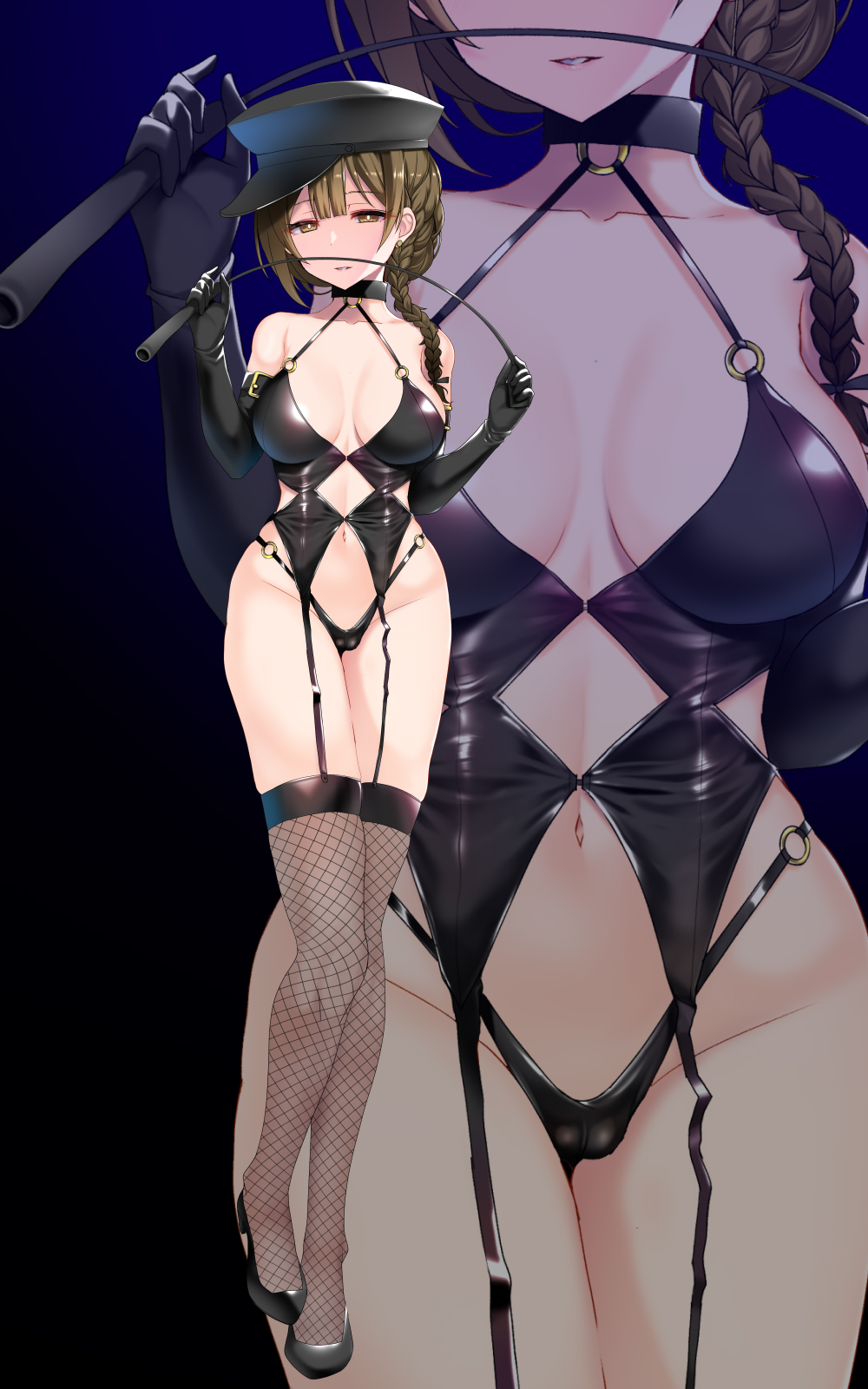 1girl bare_shoulders black_background black_footwear black_gloves black_headwear black_panties blue_background braid breasts brown_hair brown_thighhighs cameltoe collarbone dominatrix elbow_gloves fishnet_thighhighs fishnets full_body gloves hands_up highres holding holding_riding_crop idolmaster idolmaster_shiny_colors kuwayama_chiyuki large_breasts looking_at_viewer navel o-ring o-ring_bottom o-ring_panties okuri_banto panties single_braid smile thighhighs two-tone_background underwear zoom_layer