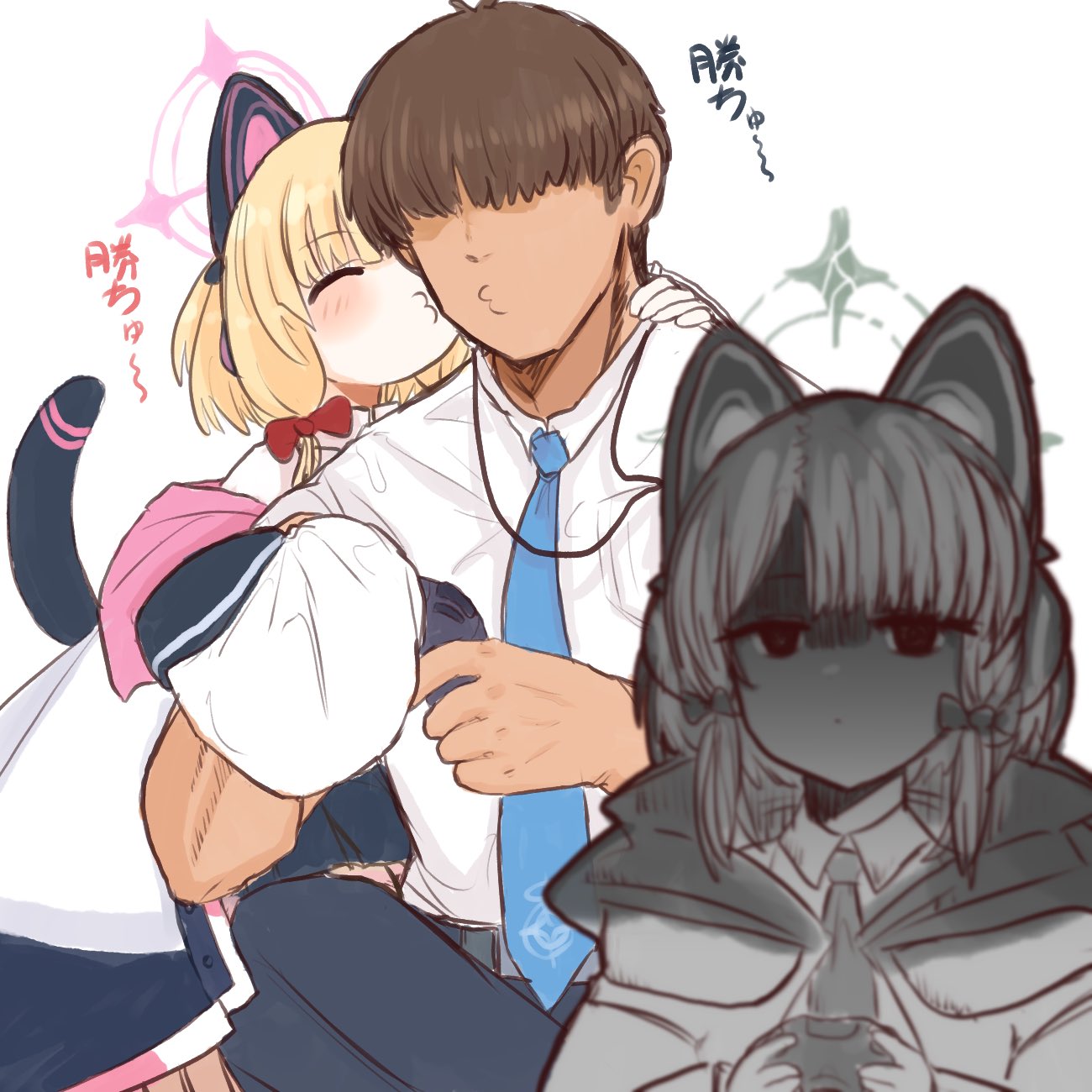 1boy 2girls animal_ear_headphones animal_ears blonde_hair blue_archive blue_necktie blush bow brown_hair cat_ear_headphones cat_tail commentary controller faceless faceless_male fake_animal_ears fake_tail flirting game_controller hair_bow halo headphones hetero highres holding holding_controller holding_game_controller jacket jealous long_sleeves midori_(blue_archive) momoi_(blue_archive) multiple_girls necktie petrification puckered_lips sensei_(blue_archive) shaded_face shiming_liangjing shirt siblings simple_background sisters symbol-only_commentary tail twins unamused white_background white_jacket white_shirt