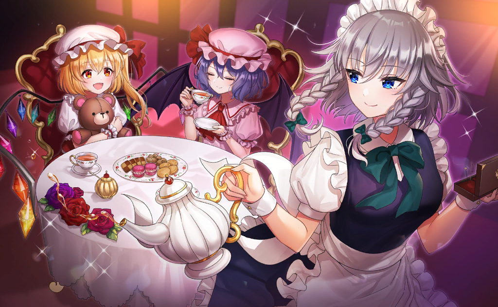 3girls apron ascot back_bow bat_wings blonde_hair blue_dress blue_eyes blue_hair bow bowtie box braid chair circle_skirt closed_eyes closed_mouth collared_shirt cookie crystal_wings cup desert dress eyelashes fang flandre_scarlet flower food frilled_apron frilled_dress frilled_hat frilled_shirt_collar frilled_sleeves frilled_wrist_cuffs frills game_cg green_bow green_bowtie grey_hair hair_bow hat hat_bow holding holding_box holding_cup holding_plate holding_stuffed_toy holding_teapot indoors izayoi_sakuya light_rays long_hair looking_at_another macaron maid maid_headdress mairo mob_cap multiple_girls official_art open_mouth pink_flower pink_headwear pink_rose pink_shirt plate puffy_short_sleeves puffy_sleeves purple_flower purple_rose red_ascot red_bow red_flower red_rose red_wrist_cuffs remilia_scarlet rose shirt short_dress short_hair short_sleeves siblings side_ponytail sisters sitting sleeveless sleeveless_dress smile sparkle spoon stuffed_animal stuffed_toy sugar_bowl table tea teacup teapot teddy_bear touhou touhou_cannonball twin_braids upper_body v-neck waist_apron white_apron white_bow white_headdress white_headwear white_shirt white_wrist_cuffs wings yellow_eyes