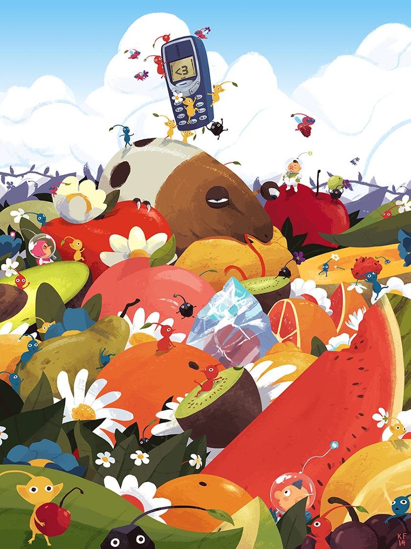 1girl 2boys :o alph_(pikmin) apple backpack badge bag big_nose black_eyes black_skin blue_bag blue_eyes blue_gloves blue_hair blue_pikmin blue_skin brittany_(pikmin) brown_hair carrying cellphone charlie_(pikmin) cherry clenched_hands climbing clinging cloud colored_skin commentary crystal day english_commentary facial_hair falling flip_phone flower flying food freckles from_side fruit glasses gloves green_gloves half-closed_eyes hands_on_own_hips heart helmet holding holding_food holding_fruit insect_wings kiwi_(fruit) kyle_fewell leaf long_tongue mini_person miniboy minigirl mohawk multiple_boys mustache no_mouth open_mouth orange_(fruit) outdoors oversized_food oversized_object peach pear phone pikmin_(series) pikmin_3 pink_bag pink_gloves pink_hair pink_skin plant pointy_ears pointy_nose radio_antenna red-framed_eyewear red_pikmin red_skin rock rock_pikmin short_hair solid_circle_eyes space_helmet spacesuit star_(symbol) tongue triangle_mouth very_short_hair vines watermelon watermelon_slice whiptongue_bulborb whistle white_flower winged_pikmin wings yellow_pikmin yellow_skin