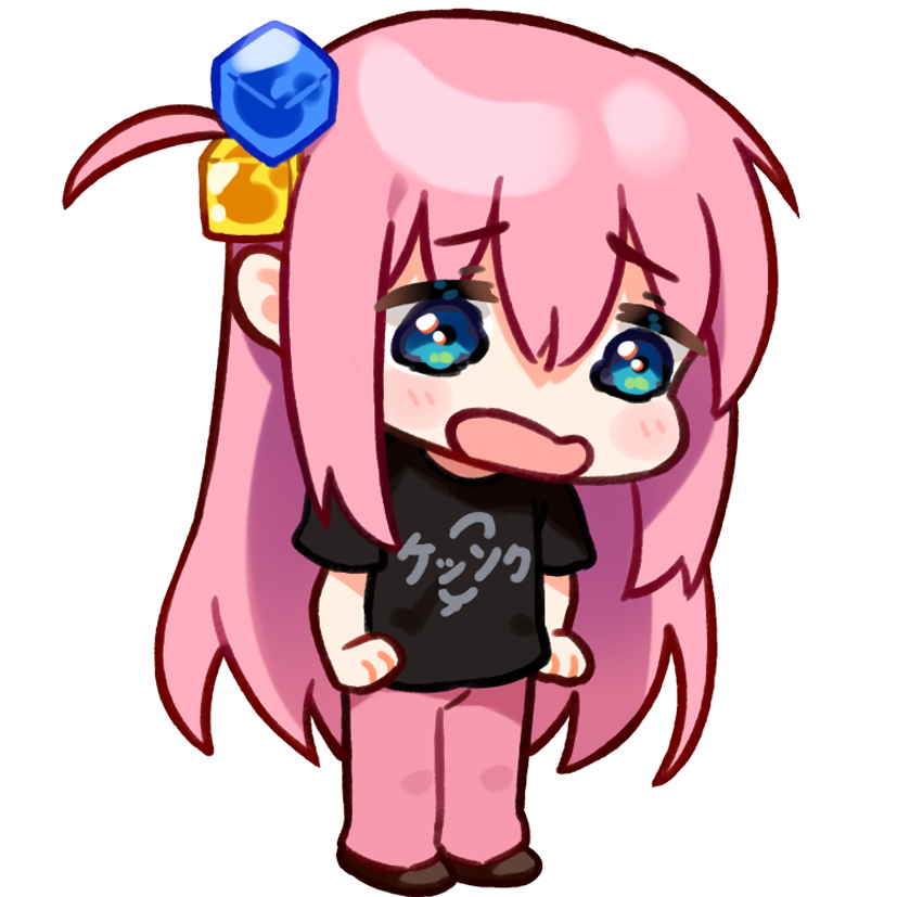 1girl black_shirt blue_eyes bocchi_the_rock! brown_footwear chibi clothes_writing commentary_request cube_hair_ornament full_body gotou_hitori hair_between_eyes hair_ornament korean_commentary kutata long_hair one_side_up open_mouth pants pink_hair pink_pants shirt shoes short_sleeves simple_background solo standing track_pants very_long_hair wavy_mouth white_background