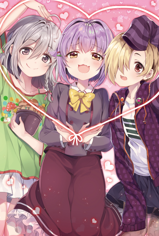 3girls ahoge asymmetrical_bangs blonde_hair blush bow bowtie chocho_(homelessfox) collarbone fang flower_pot food_print grey_hair hair_between_eyes hair_intakes hair_over_one_eye heart heart_arms_trio heart_background holding holding_flower_pot hoshi_syoko idolmaster idolmaster_cinderella_girls kawaii_boku_to_142's_(idolmaster) koshimizu_sachiko long_bangs looking_at_viewer multiple_girls mushroom mushroom_print one_eye_covered pink_background purple_hair red_sleeves shirasaka_koume skin_fang sleeves_past_fingers sleeves_past_wrists smile yellow_bow yellow_bowtie