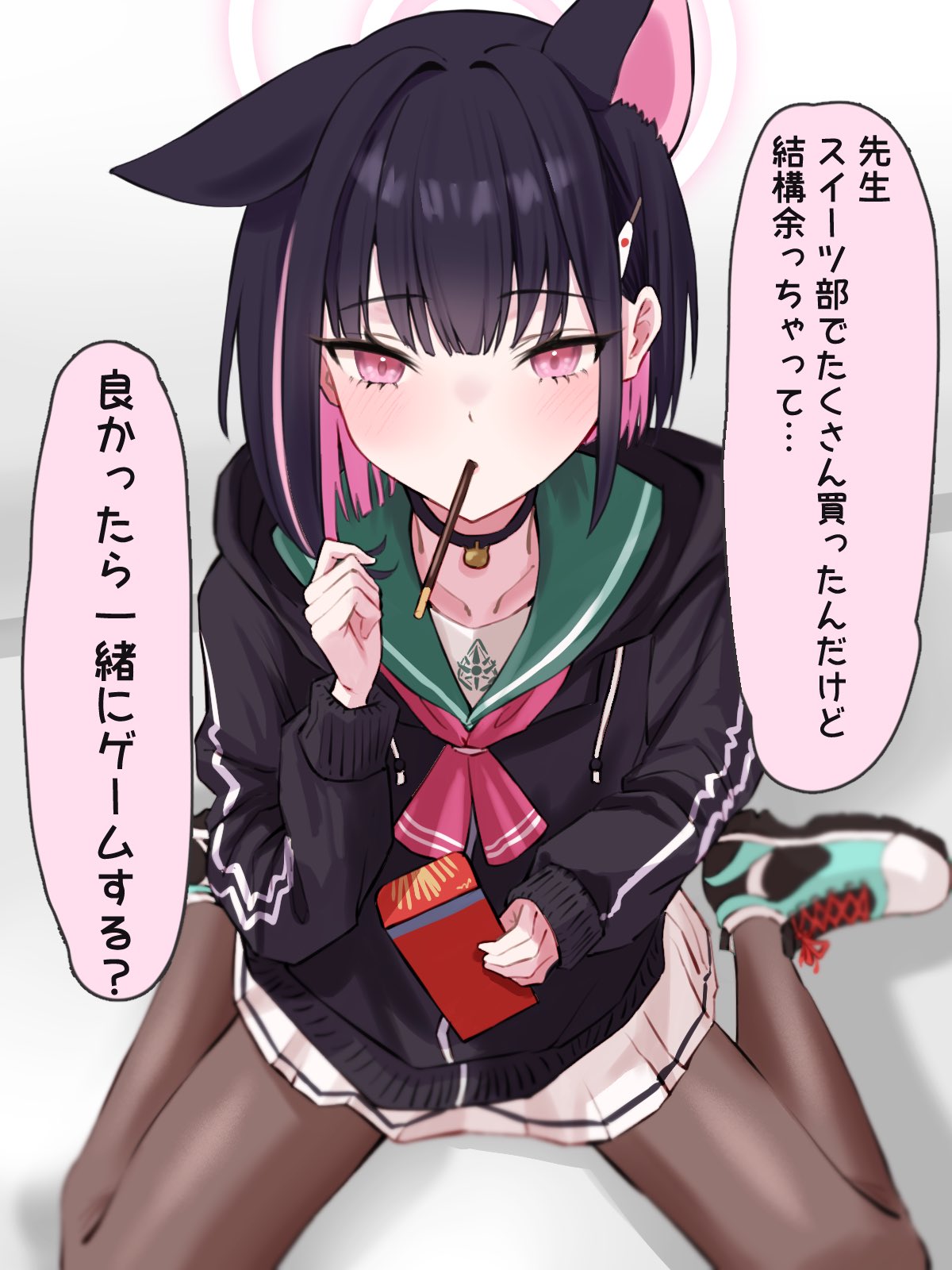 1girl animal_ears black_choker black_hair black_jacket black_pantyhose blue_archive cat_ears choker colored_inner_hair food food_in_mouth highres holding holding_food hood hooded_jacket jacket kamiyamatokino kazusa_(blue_archive) long_sleeves looking_at_viewer multicolored_hair neckerchief pantyhose pink_eyes pink_hair pink_neckerchief pocky_in_mouth school_uniform shoes short_hair sitting skirt solo speech_bubble wariza white_skirt