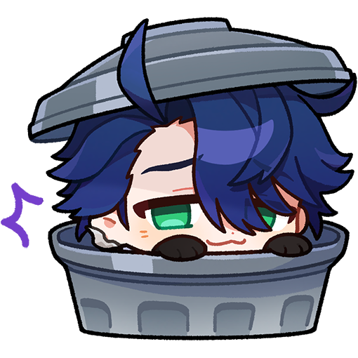 1boy :3 ahoge blue_hair chibi english_commentary furrowed_brow green_eyes hair_between_eyes honkai:_star_rail honkai_(series) in_trash_can looking_at_viewer male_focus official_art sampo_koski solo transparent_background trash_can
