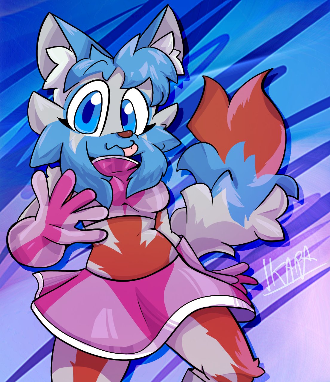 2023 5_fingers anthro big_eyes blue_body blue_eyes blue_fur boots bottomwear breasts canid canine clothed clothing crop_top digital_media_(artwork) female fingers fluffy fluffy_tail footwear fox fur gloves handwear hi_res ikarapopsicle inner_ear_fluff kemono looking_at_viewer mammal medium_breasts multicolored_body multicolored_fur nichi_(wikibee) pink_bottomwear pink_clothing pink_gloves pink_handwear pink_skirt red_body red_fur shirt signature skirt solo standing tail tongue tongue_out topwear tuft white_body white_fur