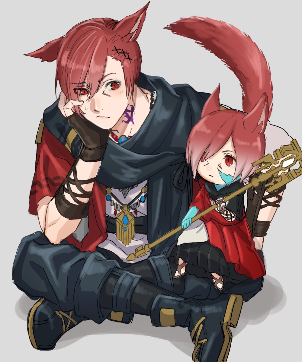 2boys animal_ears black_footwear black_pants black_scarf boots brown_gloves cat_boy cat_ears cat_tail chibi crystal_exarch crystallization dual_persona elbow_gloves elbow_on_knee elbow_rest eyes_visible_through_hair facial_mark final_fantasy final_fantasy_xiv fingerless_gloves full_body g'raha_tia gloves grey_background hair_ornament highres holding holding_staff indian_style jacket jewelry kankanteikun knee_boots looking_at_another male_focus miqo'te multiple_boys neck_tattoo pants pendant red_eyes red_hair red_jacket red_tail scarf shirt short_hair simple_background sitting sitting_on_person slit_pupils staff sweatdrop swept_bangs tail tattoo white_shirt x_hair_ornament