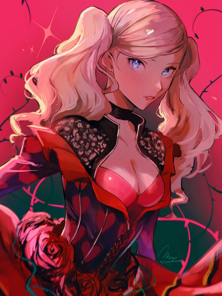 1girl alternate_costume black_choker blonde_hair blue_eyes blush breasts carmen_(persona_5) carmen_(persona_5)_(cosplay) choker cleavage commentary_request cosplay dress flower heart heart_print lips long_hair looking_at_viewer medium_breasts momotamago parted_lips persona persona_5 pink_lips red_background red_dress red_flower red_rose rose signature solo swept_bangs takamaki_anne twintails