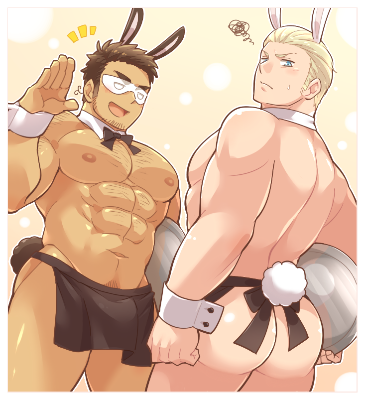 2boys abs animal_ears aopanda apron ass axis_powers_hetalia bara black_hair blonde_hair closed_mouth detached_collar facial_hair germany_(hetalia) holding holding_tray large_pectorals male_focus male_playboy_bunny multiple_boys muscular muscular_male navel nipples open_mouth pectorals rabbit_boy rabbit_ears rabbit_tail short_hair smile tail thick_thighs thighs tray turkey_(hetalia) waist_apron wrist_cuffs