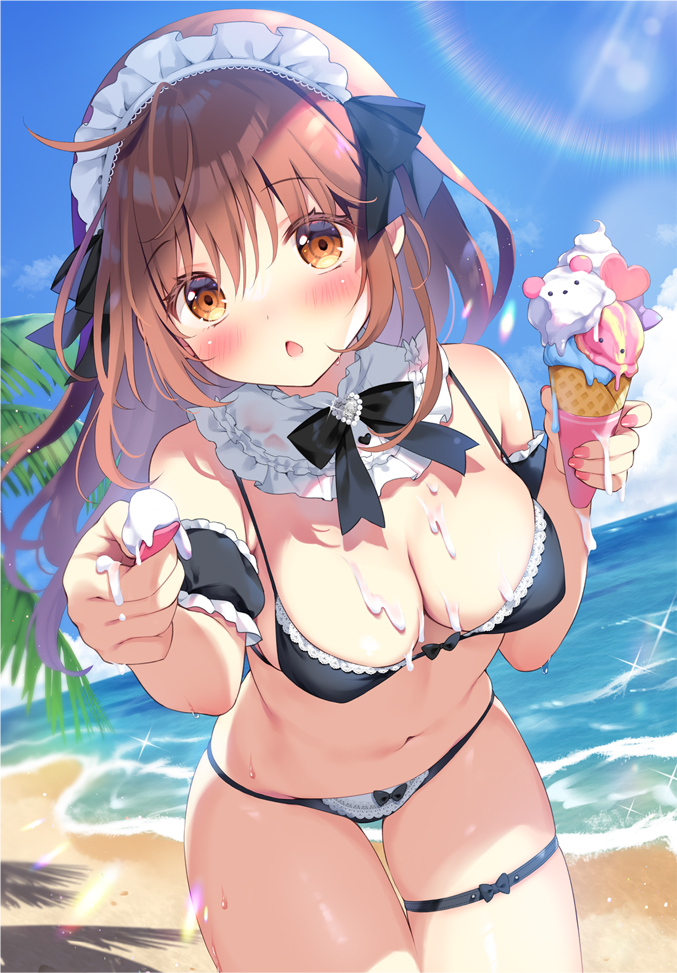 1girl bare_shoulders bikini black_bikini black_bow black_sleeves blue_sky blush bow breasts brown_eyes brown_hair chestnut_mouth cleavage cloud commentary_request day detached_sleeves food heart holding holding_food holding_spoon horizon ice_cream ice_cream_cone leaning_forward lens_flare long_hair looking_at_viewer maid_headdress medium_breasts ocean original outdoors pan_(mimi) parted_lips puffy_short_sleeves puffy_sleeves short_sleeves skindentation sky solo spoon swimsuit thigh_gap thigh_strap triple_scoop very_long_hair water