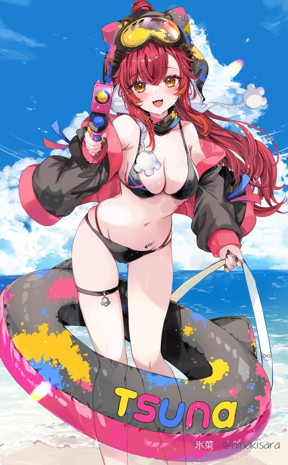 1girl armpit_crease bag bare_shoulders beach bikini black_bikini black_jacket black_nails breasts cleavage day detached_collar goggles goggles_on_head highres hinakisara holding holding_bag holding_water_gun hood hooded_jacket innertube jacket long_hair long_sleeves looking_at_viewer medium_breasts multi-strapped_bikini nail_polish navel nekota_tsuna off_shoulder open_clothes open_jacket open_mouth orange_eyes outdoors red_hair skindentation smile solo standing stomach string_bikini swimsuit thigh_strap thighs virtual_youtuber vspo! water_gun wet