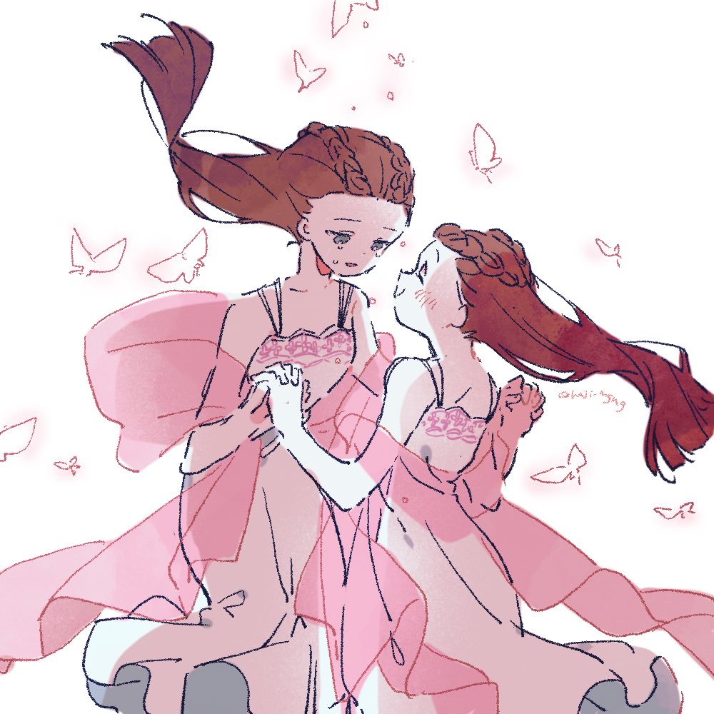 2girls ace_attorney bare_arms braid bug butterfly closed_eyes crown_braid crying dahlia_hawthorne dress grey_eyes hagoromo hazime holding_hands iris_(ace_attorney) long_dress long_hair looking_at_another matching_hairstyle matching_outfits multiple_girls pink_dress pink_shawl red_hair see-through_shawl shawl siblings simple_background sisters sleeveless sleeveless_dress smile straight_hair twins twitter_username very_long_hair white_background