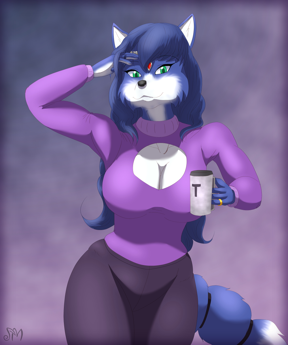 2023 5_fingers anthro beverage black_nose blue_body blue_fur blue_hair breasts canid canine cleavage cleavage_cutout clothed clothing container cup digit_ring female finger_ring fingers fox fur hair hi_res humanoid_hands jewelry krystal mammal mature_anthro mature_female multicolored_body multicolored_fur nintendo ring scythemouse smile solo star_fox sweater topwear two_tone_body two_tone_fur wedding_ring white_body white_fur