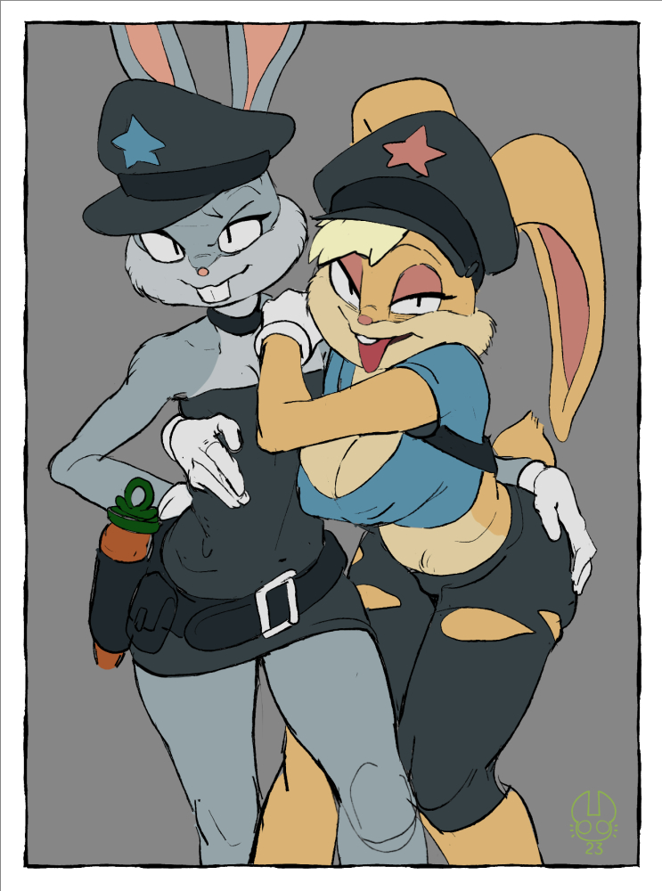 belt big_breasts bottomwear breasts buckteeth bugs_bunny choker cleavage clothed clothing crossdressing duo female girly hand_on_butt hand_on_hip holster jewelry lagomorph leporid lola_bunny looking_at_viewer looney_tunes male mammal matchattea necklace pants police_uniform rabbit shirt smile teeth tongue tongue_out topwear torn_clothing tube_dress uniform warner_brothers