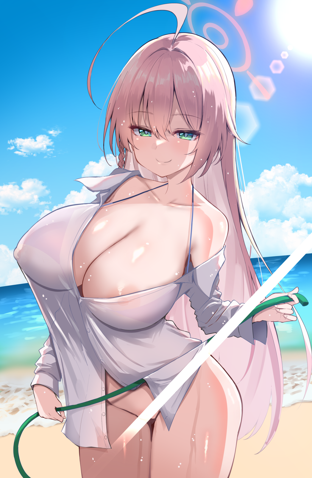 1girl ahoge bare_shoulders beach bikini bikini_top_only bikini_under_clothes blue_archive blue_sky blush bottomless bow braid breasts censored chipa_(arutana) cleavage closed_mouth cloud covered_nipples cowboy_shot green_eyes halo halterneck hanako_(blue_archive) hanako_(swimsuit)_(blue_archive) highres holding holding_hose hose large_breasts looking_at_viewer ocean off_shoulder official_alternate_costume open_clothes oversized_clothes oversized_shirt paid_reward_available partially_unbuttoned pink_bikini pink_hair pink_halo see-through see-through_shirt shirt sky smile solo standing string_bikini swimsuit wet wet_clothes wet_shirt white_shirt