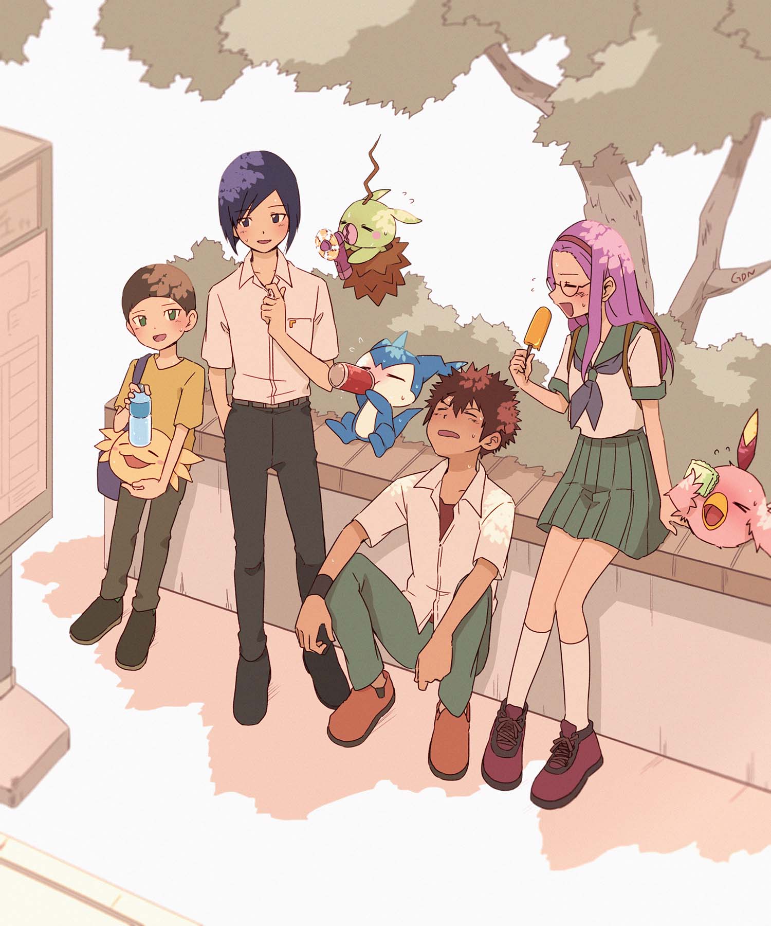 1girl bird black_pants blue_skin bottle chibimon colored_skin creature digimon digimon_(creature) digimon_adventure_02 friends gdn0522 glasses green_eyes green_skirt happy highres inoue_miyako motomiya_daisuke multiple_boys open_mouth outdoors pants pink_hair poromon purple_hair red_footwear school_uniform shadow simple_background sitting skirt tree water_bottle