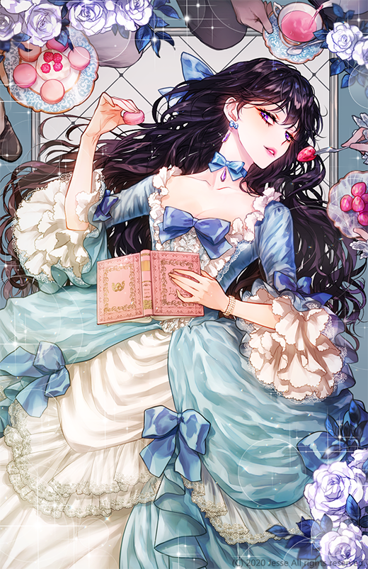 1girl aqua_border aqua_dress argyle argyle_background bell_sleeves black_hair blue_bow book border bow bow_earrings bracelet choker cup dress dress_bow earrings feeding feet_out_of_frame flower food fork frilled_dress frilled_sleeves frills fruit gown hair_between_eyes hair_bow holding holding_book holding_food holding_fork holding_plate holding_saucer jesse_(kakiclover) jewelry looking_at_viewer lying macaron on_back on_one_knee open_book original out_of_frame outside_border parted_lips pendant_choker pink_lips plate pouring purple_eyes raspberry ribbon_choker rose saucer sideways_glance sleeves_past_elbows solo sparkle strawberry tea teacup teapot two-tone_dress whipped_cream white_dress white_flower white_rose