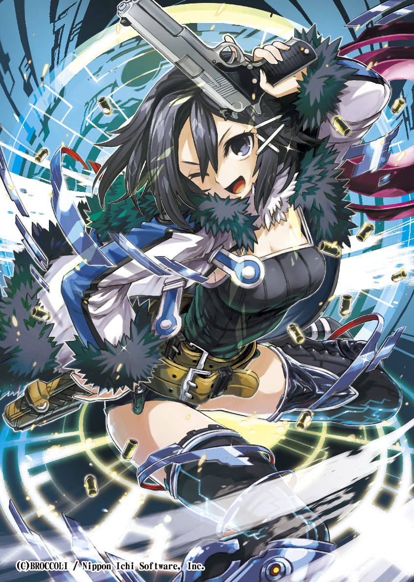 1girl :d asagiri_asagi belt black_camisole black_eyes black_footwear black_hair black_shorts blue_background boots breasts brown_belt bullet camisole cleavage coat copyright copyright_name copyright_request foot_out_of_frame fur-trimmed_coat fur_trim hair_between_eyes hand_on_own_hip holding holster hori_airi jumping long_sleeves looking_at_viewer loose_belt makai_wars medium_breasts multiple_belts nippon_ichi one_eye_closed open_mouth ribbed_sweater short_hair short_shorts shorts single_vertical_stripe smile solo sparkle sweater thigh_boots trigger_discipline v-shaped_eyebrows white_coat zettai_ryouiki