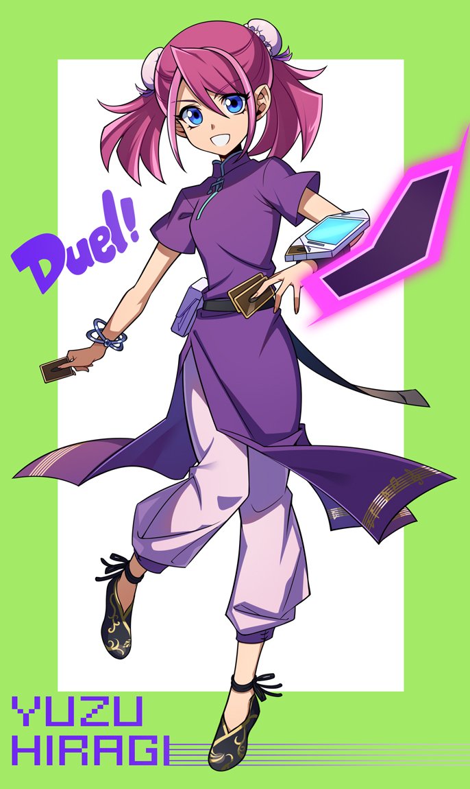 1girl :d blue_eyes card character_name chinese_clothes dress duel_disk full_body hair_between_eyes hiiragi_yuzu holding holding_card looking_at_viewer open_mouth pants pink_hair pira_811 purple_dress simple_background smile solo twintails yu-gi-oh! yu-gi-oh!_arc-v