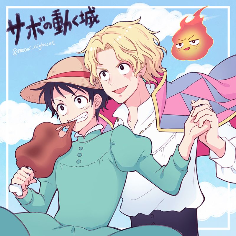 2boys aqua_dress black_eyes blonde_hair calcifer cape cosplay crossdressing dress earrings eating fire food freckles hat holding holding_food holding_hands howl_(howl_no_ugoku_shiro) howl_(howl_no_ugoku_shiro)_(cosplay) howl_no_ugoku_shiro jewelry juliet_sleeves long_sleeves male_focus meat monkey_d._luffy multiple_boys nightcat one_piece open_mouth parody portgas_d._ace puffy_sleeves sabo_(one_piece) shirt sky sophie_(howl_no_ugoku_shiro) sophie_(howl_no_ugoku_shiro)_(cosplay) sophie_hatter straw_hat studio_ghibli teeth upper_body white_shirt