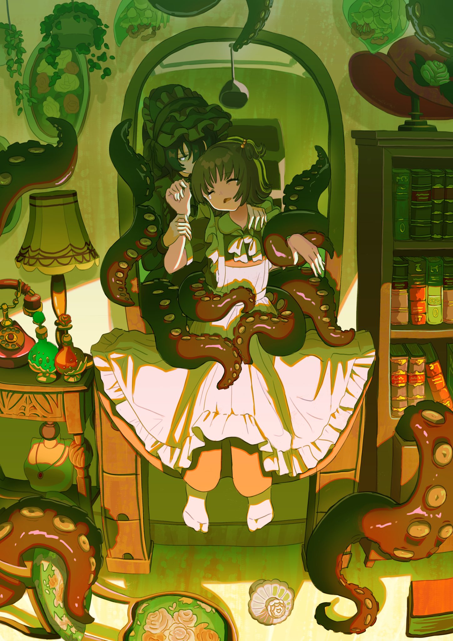 2girls antique_phone apron black_hair bonnet book bookshelf brown_hair ceiling_light chair closed_eyes day dress frilled_apron frills full_body hand_on_another's_shoulder hat hat_stand highres holding_another's_wrist indoors kagenoyuhi lamp long_sleeves maid_apron mirror multiple_girls no_shoes on_table open_mouth original phone plant potted_plant rotary_phone short_hair short_sleeves sitting socks suction_cups table tears tentacles through_mirror two_side_up unworn_hat unworn_headwear vanity_table white_apron white_eyes white_socks