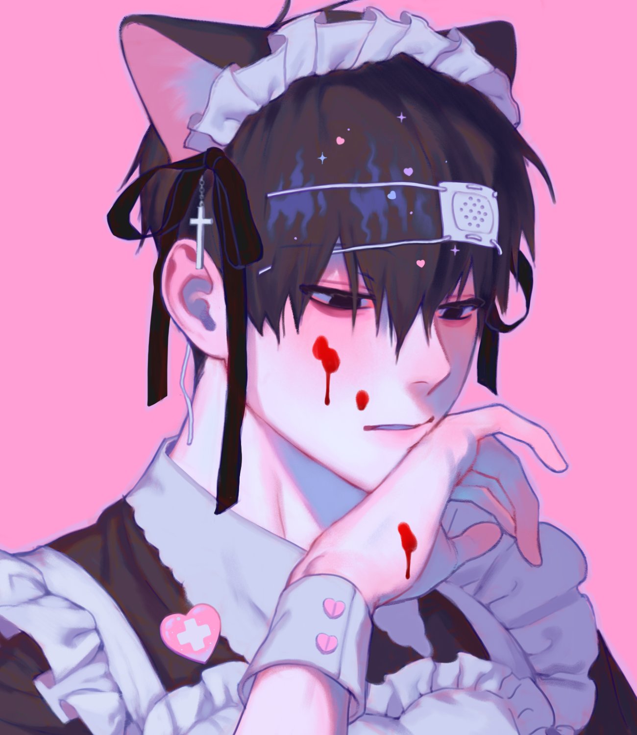 1boy animal_ears apron black_dress blood blood_on_face blood_on_hands cat_ears dress eyepatch eyepatch_lift fake_animal_ears greyscale gyuing666 highres maid maid_apron maid_headdress male_focus monochrome original pink_background pink_theme short_hair simple_background solo wrist_cuffs