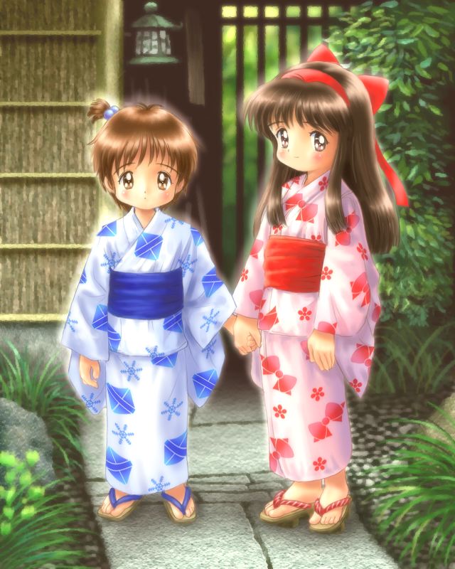 2girls blush brown_eyes brown_hair child female_child full_body geta goto_p hair_bobbles hair_ornament hair_ribbon high_side_ponytail holding_hands japanese_clothes kimono long_hair looking_at_viewer multiple_girls non-web_source original outdoors ponytail print_kimono ribbon short_hair short_ponytail side_ponytail sidelocks standing