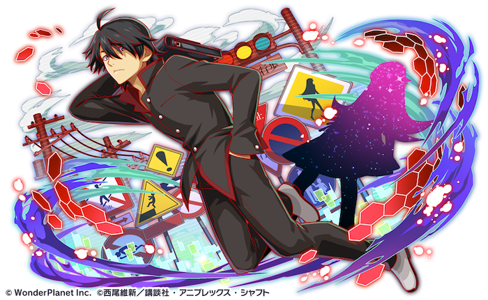 1boy ahoge araragi_koyomi arm_up bakemonogatari black_hair black_pants black_shirt closed_mouth copyright crash_fever frown full_body hair_between_eyes holding looking_at_viewer male_focus monogatari_(series) naoetsu_high_school_uniform official_art oshino_shinobu pants partially_unbuttoned promotional_art road_sign school_uniform senjougahara_hitagi shirt short_hair sign standing standing_on_one_leg traffic_light white_footwear