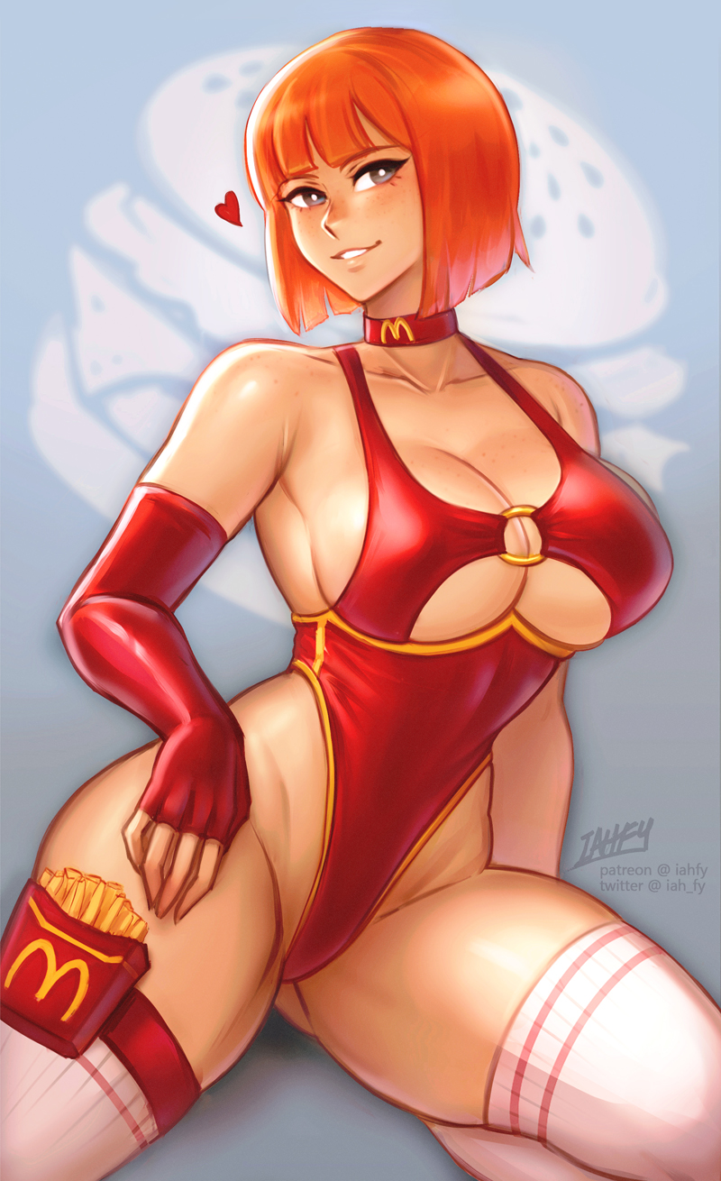 artist_name ass_visible_through_thighs breasts choker collarbone commentary english_commentary fingerless_gloves food freckles french_fries gloves grey_eyes heart highres iahfy large_breasts leotard looking_at_viewer mcdonald's mother_(yoru_mac) orange_hair patreon_username short_hair smile teeth thighhighs twitter_username watermark yoru_mac