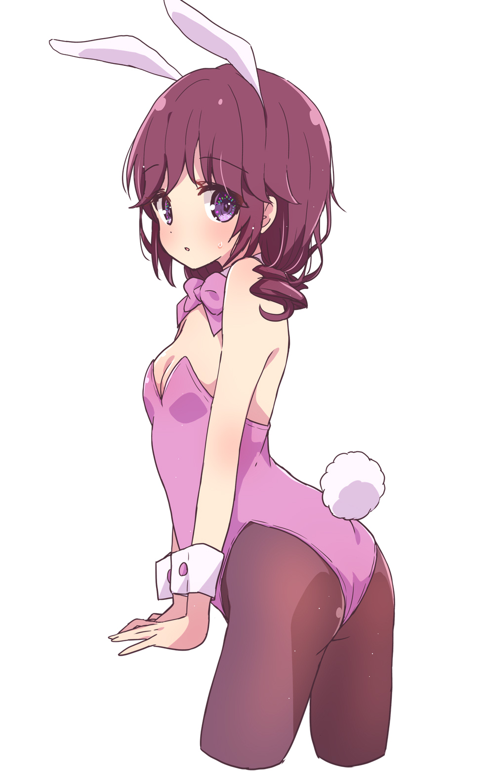 1girl animal_ears ass bare_shoulders blush bow bowtie breasts brown_pantyhose cropped_legs detached_collar highres leotard looking_at_viewer looking_back machikado_mazoku mel_(melty_pot) pantyhose playboy_bunny purple_bow purple_bowtie purple_eyes purple_hair purple_leotard rabbit_ears rabbit_tail simple_background small_breasts solo strapless strapless_leotard tail white_background wrist_cuffs yoshida_ryouko