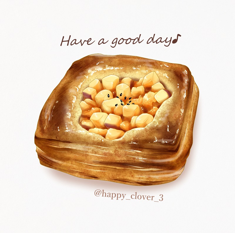 danish_pastry dessert eighth_note english_text food food_focus happy_clover_3 musical_note no_humans original simple_background still_life twitter_username white_background