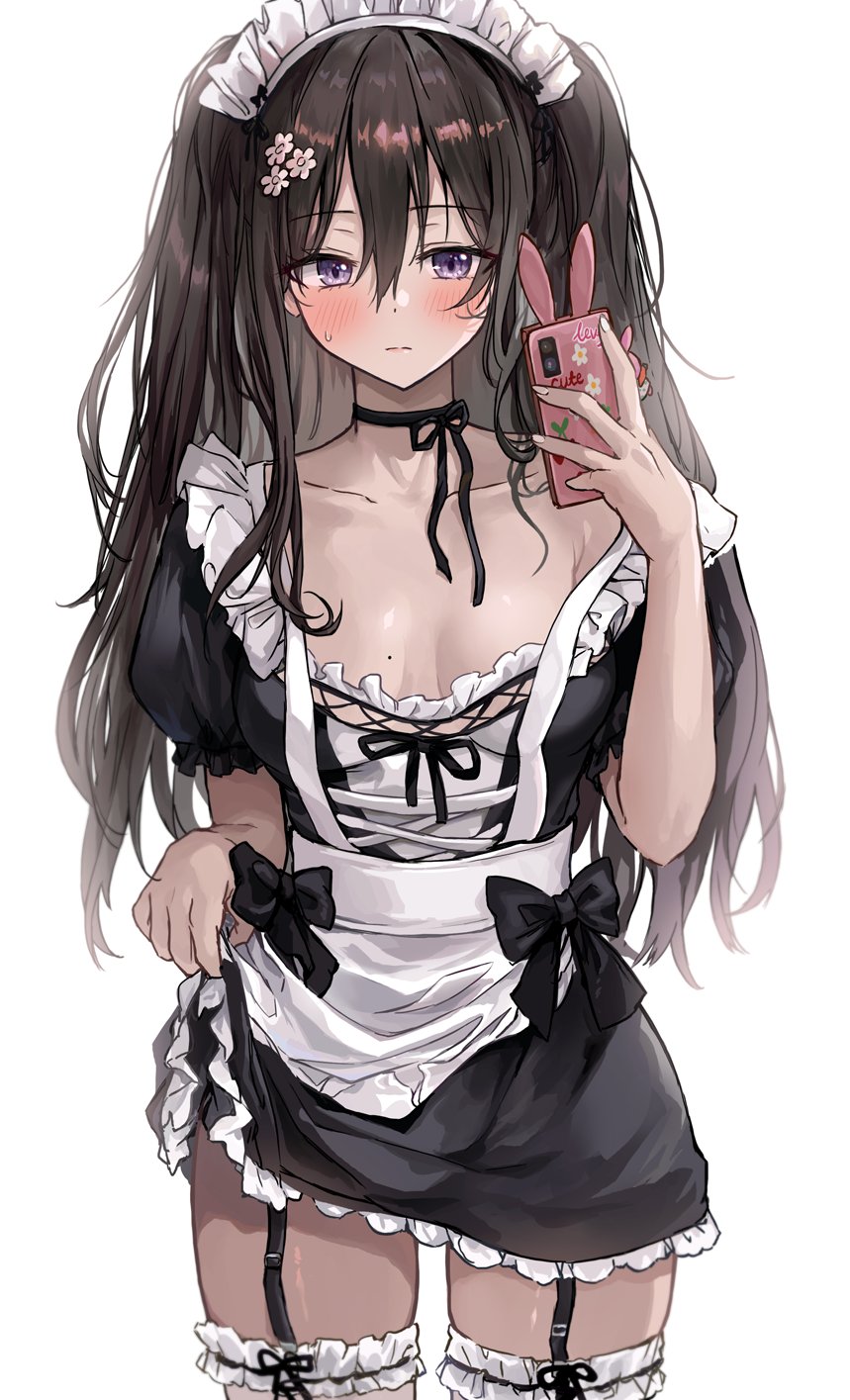 1girl apron black_choker black_dress black_garter_straps black_hair blush breasts cellphone choker clothes_lift collarbone commentary dress dress_lift flower garter_straps hair_between_eyes hair_flower hair_ornament highres holding holding_phone lifted_by_self long_hair maid mole mole_on_breast original petticoat phone phone_with_ears purple_eyes saya_(mychristian2) selfie small_breasts solo sweatdrop symbol-only_commentary thighhighs two_side_up very_long_hair white_apron white_thighhighs