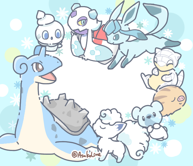 alolan_sandshrew alolan_vulpix animal_focus asakoline blue_eyes brown_eyes closed_eyes closed_mouth colored_sclera cubchoo froslass glaceon lapras no_humans nose_bubble open_mouth pokemon pokemon_(creature) smile snowflakes swinub twitter_username vanillite yellow_sclera