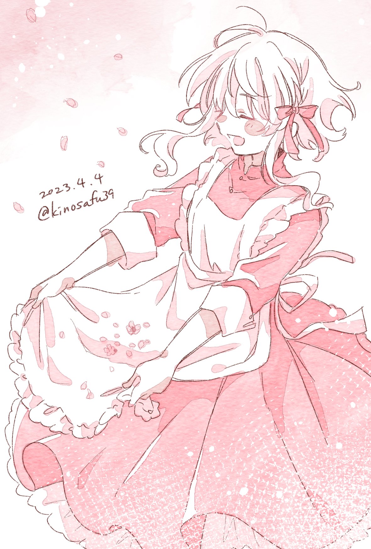 1girl ahoge alternate_color alternate_hair_length alternate_hairstyle apron apron_hold blush_stickers buttons closed_eyes collared_dress commentary dated dress facing_to_the_side feet_out_of_frame flower frilled_apron frills gradient_background happy highres kagerou_project kozakura_marry limited_palette mekakucity_actors open_mouth pastel_colors petals petticoat pink_background pink_dress pink_flower pink_ribbon ribbon sa-fu_(sfmk39) sidelocks sleeve_cuffs sleeves_past_elbows solo twitter_username wavy_hair white_apron white_background white_hair