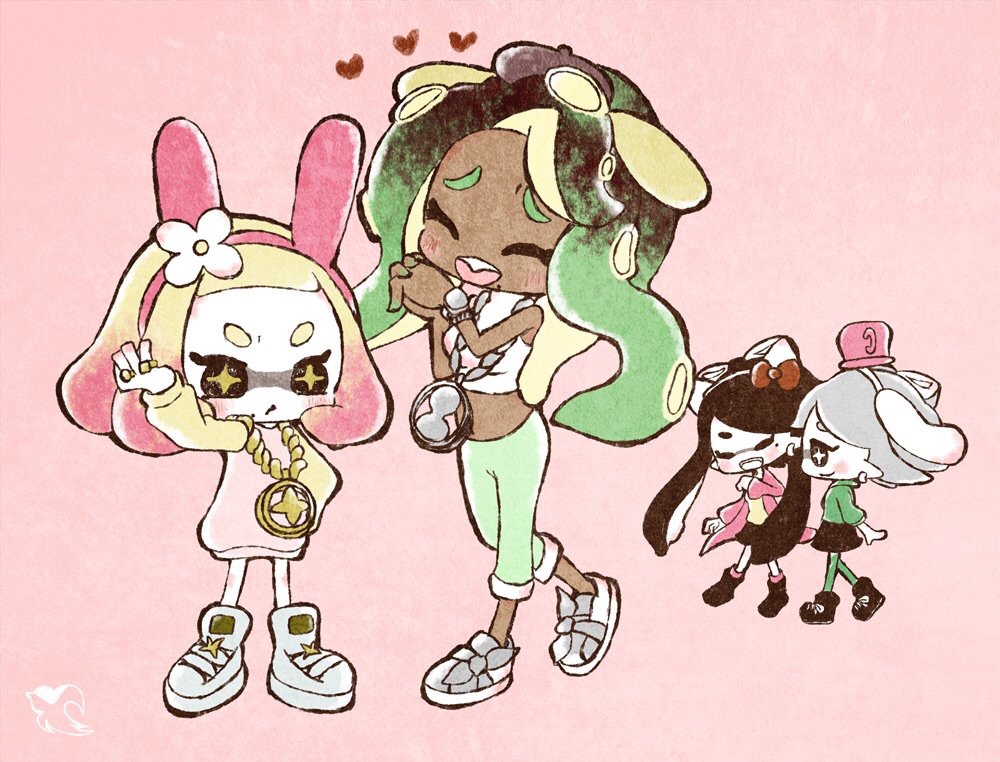 4girls animal_ear_headwear animal_ears beret black_eyes black_hair black_skirt blue_pants blush bow callie_(splatoon) chain cinnamoroll cinnamoroll_(cosplay) closed_eyes coat cosplay crop_top cross-shaped_pupils earrings fake_animal_ears gold_chain gradient_hair green_hoodie green_pantyhose grey_hair hair_bow hat heart hello_kitty_(character) hello_kitty_(character)_(cosplay) hood hoodie jewelry long_hair long_sleeves marie_(splatoon) marina_(splatoon) multicolored_hair multiple_girls my_melody my_melody_(cosplay) open_clothes open_coat pants pants_rolled_up pantyhose pearl_(splatoon) pink_background pink_coat pointy_ears pompompurin pompompurin_(cosplay) red_bow ring shirt shoes short_hair skirt sleeveless smile sneakers splatoon_(series) swallow02 symbol-shaped_pupils tentacle_hair thick_eyebrows white_shirt