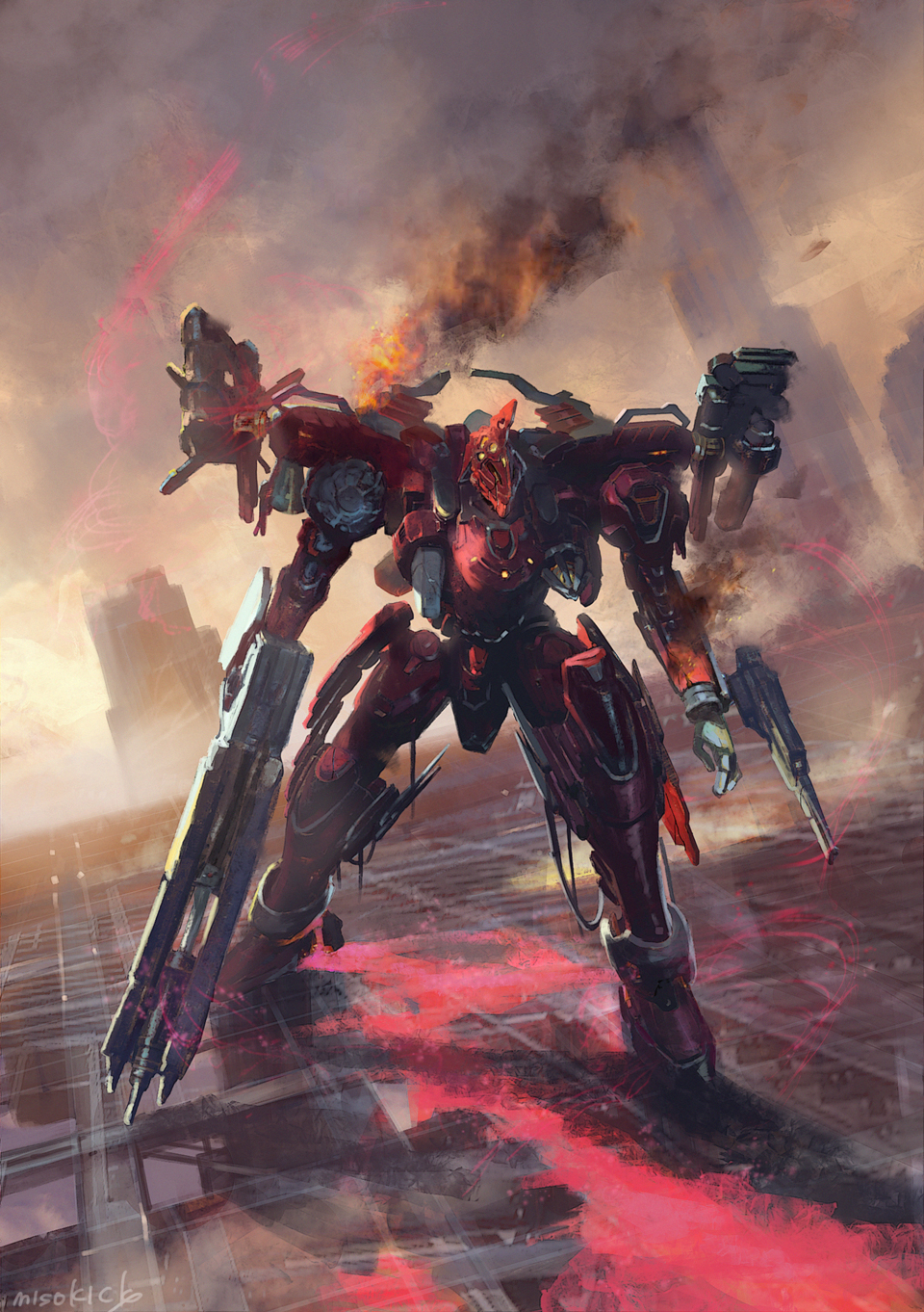 armored_core armored_core_6 building commentary full_body gun hal_826 handler_walter highres holding holding_gun holding_weapon mecha mecha_focus miso_katsu robot science_fiction signature sky smoke weapon