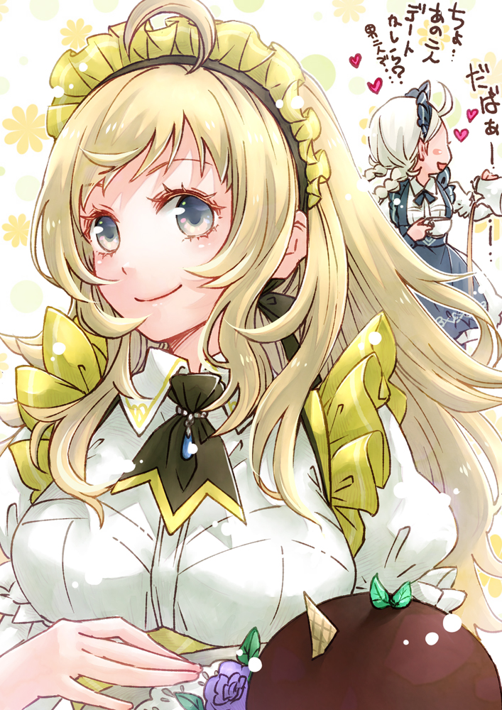 1girl ahoge alternate_costume blonde_hair braid cake chocolate_cake cup ebi_puri_(ebi-ebi) fire_emblem fire_emblem_fates fire_emblem_heroes food fujoshi grey_eyes heart holding holding_cup holding_teapot long_hair looking_back low_twin_braids maid maid_headdress nina_(fire_emblem) ophelia_(fire_emblem) parted_bangs solo spilling swept_bangs tea teapot translation_request twin_braids white_hair