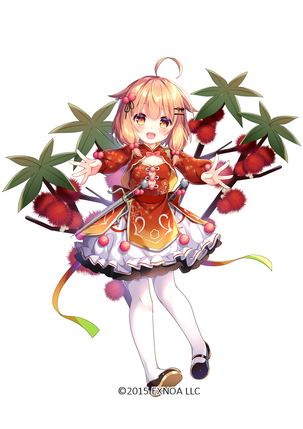 1girl :d ahoge black_footwear blonde_hair blush bow dot_nose flat_chest floral_print flower_knight_girl frilled_skirt frills full_body hair_ornament hairclip highres hima_(flower_knight_girl) looking_at_viewer medium_hair multicolored_ribbon name_connection object_namesake official_art open_mouth outstretched_arms pantyhose pink_bow plant pom_pom_(clothes) ribbon shoes simple_background skirt smile solo spread_arms standing umeko_machi white_background white_pantyhose white_skirt yellow_eyes