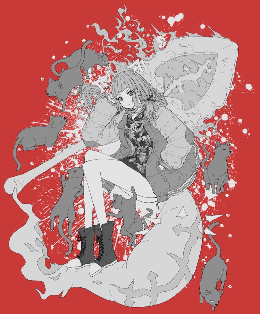 1girl blood blood_splatter blunt_bangs bone cat cloak frown full_body guro hair_ribbon hand_in_pocket intestines lace-up long_hair long_sleeves monochrome moria_(ruizu123456) red_background red_riding_hood_(sinoalice) ribbon shoes sinoalice solo torn_cloak torn_clothes twintails weapon