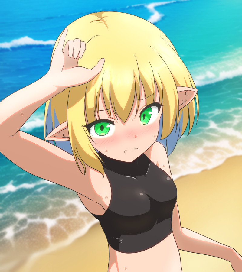 1girl armpits beach black_shirt blonde_hair blush breasts cato_(monocatienus) closed_mouth commentary_request crop_top frown green_eyes looking_at_viewer medium_breasts mizuhashi_parsee nose_blush ocean parsee_day pointy_ears sand shirt short_hair sleeveless sleeveless_shirt solo sweat tight_clothes tight_shirt touhou upper_body water