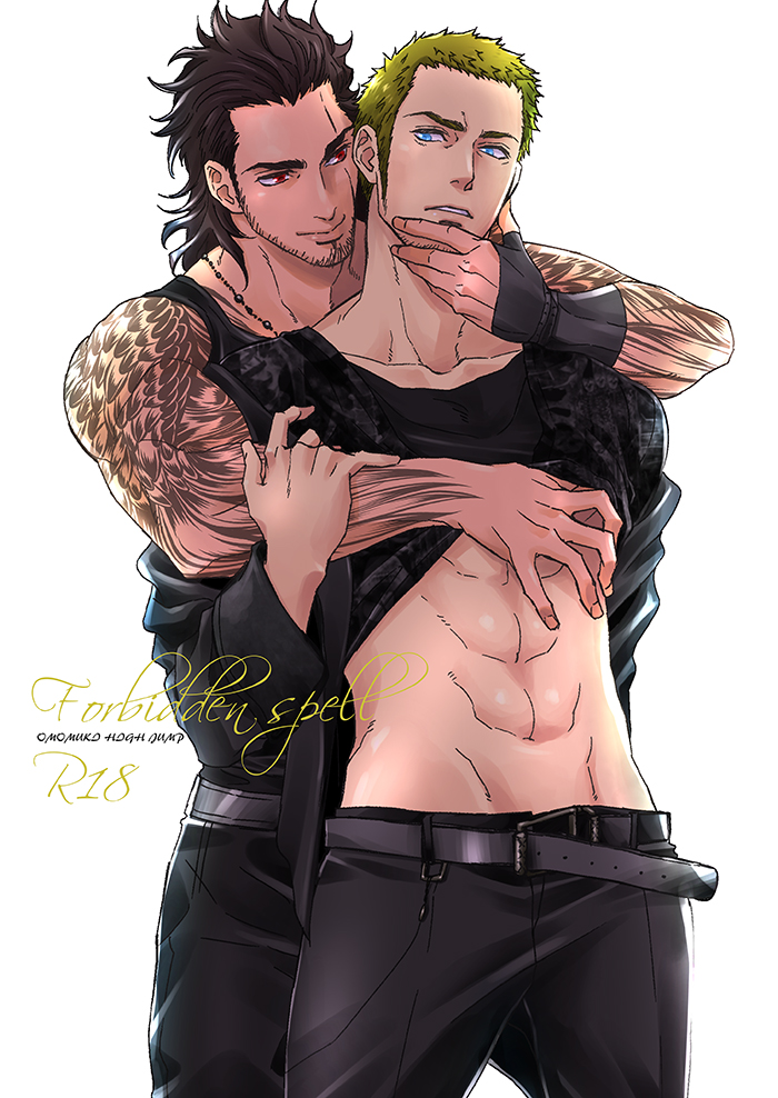 2boys abs arm_tattoo bara belt black_pants black_shirt clothes_lift cor_leonis couple cover cover_page doujin_cover facial_hair final_fantasy final_fantasy_xv gladiolus_amicitia hair_slicked_back hand_on_another's_arm hand_on_another's_chin head_grab konpane_(ohj) lifted_by_another long_sideburns male_focus mature_male multiple_boys muscular muscular_male open_belt pants reach-around scar scar_across_eye seductive_smile shirt shirt_lift short_hair sideburns smile stomach stubble tattoo thick_eyebrows toned toned_male undercut yaoi
