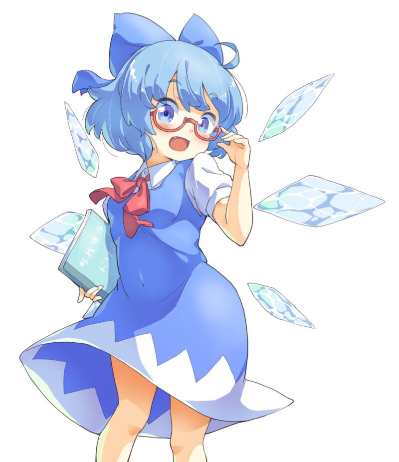 1girl blue_dress blue_eyes blue_hair book bow bowtie breasts cirno collared_shirt covered_navel dress feet_out_of_frame holding holding_book ice ice_wings impossible_clothes looking_at_viewer open_mouth pinafore_dress red-framed_eyewear semi-rimless_eyewear shirt short_hair simple_background sleeveless sleeveless_dress small_breasts solo tanasuke touhou white_background white_shirt wings