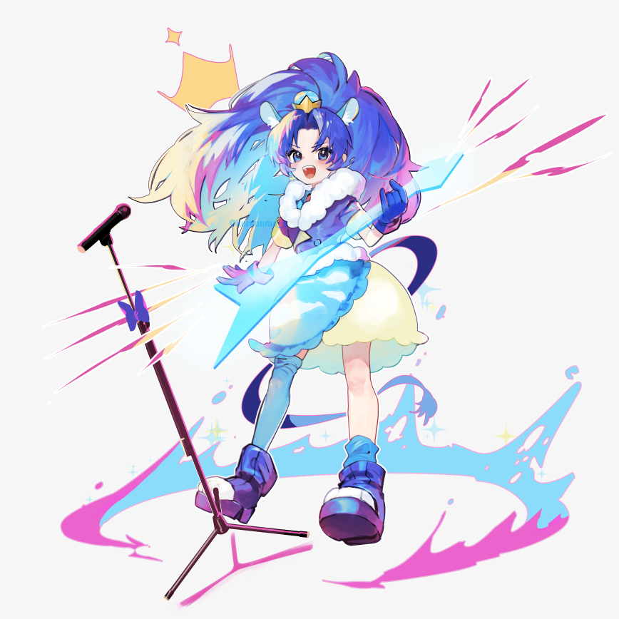 1girl animal_ears blue_eyes blue_footwear blue_gloves blue_hair blue_jacket blush boots bubble_skirt cure_gelato full_body gloves holding holding_plectrum jacket kirakira_precure_a_la_mode kuronuma_s long_hair microphone microphone_stand open_mouth plectrum precure short_sleeves simple_background single_thighhigh skirt smile solo tail tategami_aoi thighhighs twitter_username watermark white_background yellow_skirt