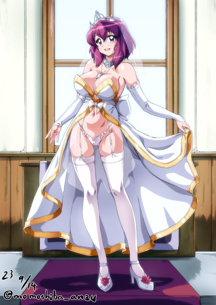 1girl blue_eyes breasts cleavage crown dated day detached_sleeves garter_straps henrietta_de_tristain jewelry looking_at_viewer medium_hair nafta navel necklace open_mouth purple_hair signature skirt smile solo teeth thighhighs upper_teeth_only white_garter_straps white_skirt white_thighhighs zero_no_tsukaima