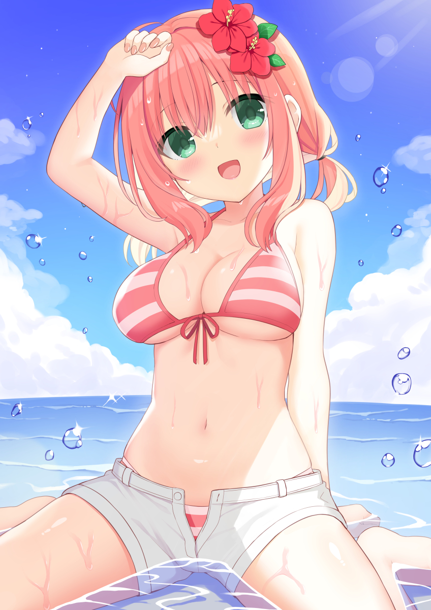 1girl arm_up bikini blue_sky blush breasts cloud cloudy_sky day fingernails flower front-tie_bikini_top front-tie_top green_eyes hair_between_eyes hair_flower hair_ornament head_tilt highres horizontal-striped_swimsuit iroha_(utsumire) large_breasts medium_hair nail_polish ocean open_fly open_mouth original outdoors pink_hair short_shorts shorts sidelocks sitting sky smile solo striped striped_bikini swimsuit utsunomiya_tsumire wariza water_drop wet white_shorts