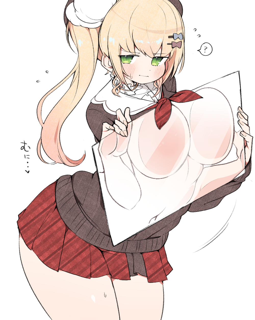 1girl ? against_glass blonde_hair blush breast_press breasts breasts_on_glass brown_cardigan cardigan cowboy_shot curvy drawing embarrassed flying_sweatdrops frilled_shirt_collar frills green_eyes hair_ornament hairclip highres holding_drawing hololive kuma_no_bansoukou large_breasts long_hair long_sleeves looking_at_viewer miniskirt momosuzu_nene momosuzu_nene_(2nd_costume) neckerchief no_bra official_alternate_costume official_alternate_hairstyle optical_illusion plaid plaid_skirt pleated_skirt pom_pom_(clothes) pom_pom_hair_ornament red_neckerchief red_skirt sailor_collar shirt side_ponytail skirt solo spoken_question_mark sweatdrop thick_thighs thighs virtual_youtuber wavy_mouth white_background white_sailor_collar white_shirt wide_hips
