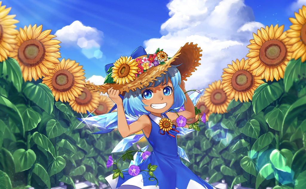 1girl blue_bow blue_dress blue_eyes blue_hair blue_sky bow bowtie brown_headwear cirno cloud collar collared_dress colored_eyelashes dress fairy fairy_wings field flower flower_brooch flower_field game_cg hands_on_headwear hat hat_bow hat_flower ice ice_wings leaf looking_at_viewer merengue_samurai official_art open_mouth outdoors plant purple_flower red_bow red_bowtie red_flower short_dress short_hair sky sleeveless sleeveless_dress smile solo summer sun_hat sunflower sunflower_field sunlight tan tanned_cirno teeth touhou touhou_cannonball triangle_print v-shaped_eyebrows vines white_collar white_flower white_trim wings yellow_flower