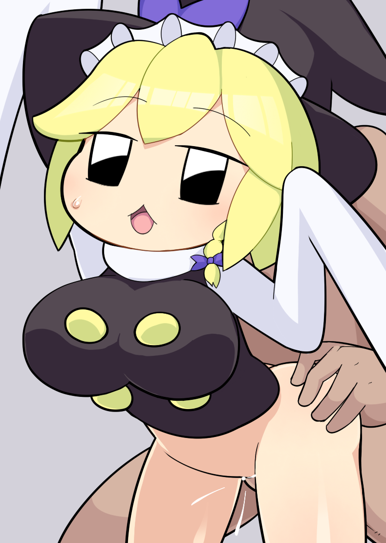 1girl black_eyes black_headwear black_vest blonde_hair blush bottomless bow braid breasts clothed_sex commentary cookie_(touhou) cowboy_shot grey_background hair_bow hat hat_bow hetero hospital_king kirisame_marisa large_breasts leaning_forward medium_bangs open_mouth purple_bow sex sex_from_behind shirt short_hair side_braid simple_background single_braid sleeves_past_fingers sleeves_past_wrists solo_focus standing standing_sex textless_version touhou vest white_shirt witch_hat yuuhi_(cookie)