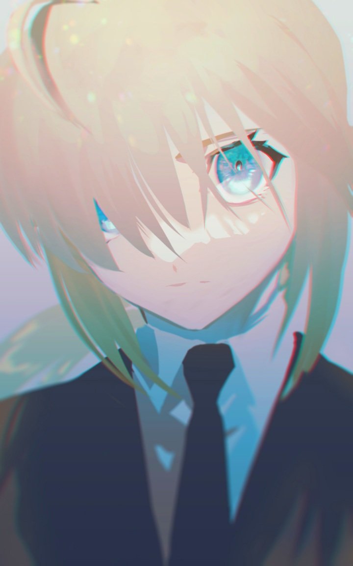 1girl ahoge amemasu79 artoria_pendragon_(fate) black_necktie blonde_hair blue_eyes close-up collared_shirt expressionless fate/zero fate_(series) formal grey_background looking_at_viewer medium_hair necktie ponytail saber shirt simple_background solo suit