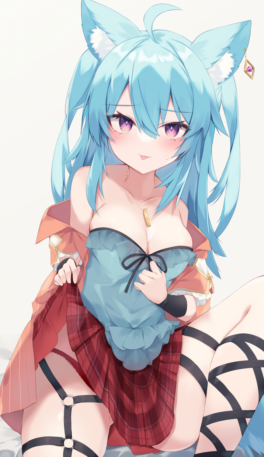 1girl ahoge animal_ear_fluff animal_ears arm_warmers bare_shoulders blue_hair blue_shirt blush breasts cleavage clothes_lift collarbone cowboy_shot ear_piercing fox_ears fox_girl fox_tail hair_between_eyes hand_on_own_chest highleg highleg_panties highres jacket jewelry knee_up long_hair looking_at_viewer medium_breasts multiple_straps nibiiro_shizuka o-ring o-ring_thigh_strap off_shoulder open_clothes open_jacket original panties panty_peek pendant piercing plaid plaid_skirt pleated_skirt purple_eyes raised_eyebrows red_jacket red_panties shirt sidelocks simple_background skirt skirt_lift solo strapless strapless_shirt sweatdrop tail thigh_strap thighs tongue tongue_out two_side_up underwear white_background
