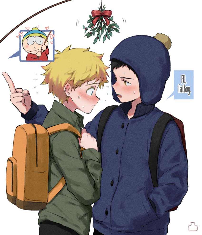 3boys animification backpack bag black_hair blonde_hair blue_headwear blush chullo craig_tucker english_text eric_cartman green_shirt hand_in_pocket hat heart long_sleeves male_focus middle_finger multiple_boys pantygnomes shirt south_park tweek_tweak yaoi yellow_eyes